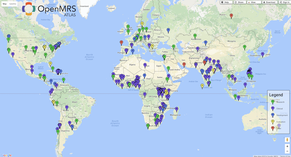 OpenMRS clinical and research locations as of 2016