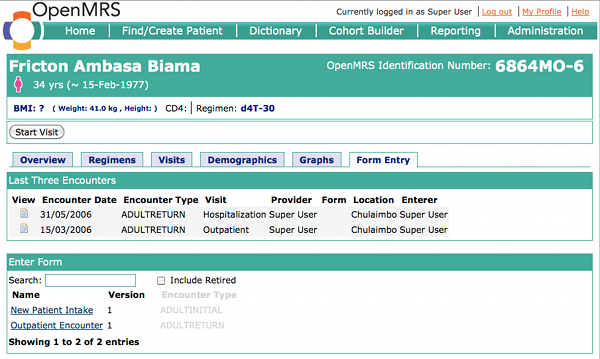 The Form Entry tab on the Patient Dashboard.