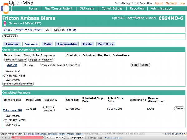 The Regimens tab on the Patient Dashboard.